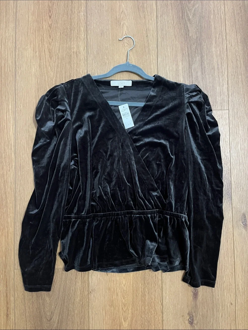 LOFT Black Velvet Wrap Peplum Blouse with Puff Shoulders